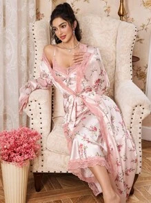 Elorette CottageSlumber Romantic Floral Print Lace Trim Camisole Sleep Dress And Belted Robe Satin Pajama Set Night Gown Women Set Floral Robe Set Lingerie Robe Set 2 Piece Nightgown Set, Fall Winter Clothes Cozy And Elegant Details - Multicolor - View 6