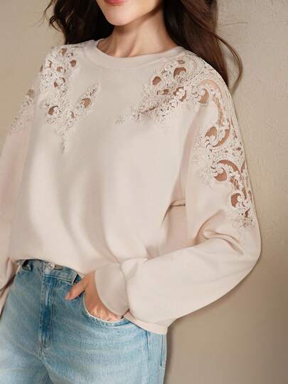 Anewsta 女士优雅蕾丝拼布柔软刺绣卫衣，杏色，秋冬