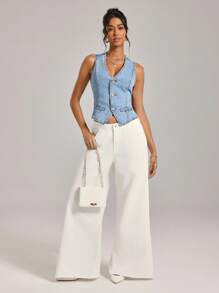 SHEIN Tall 女士休闲纽扣无袖牛仔背心 - 藍色 - 查看 6