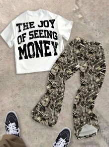 SHEIN Bolty 2pcs Tween Boy Crew Neck T-Shirt And Flared Pants Set With Leaf Pattern, Casual Summer Outfit Boys Hip Hop Clothing Boys Outfit Sets Money Outfit Tween Street Wear Set Drippy Outfits Boy - Multicolor - View 3