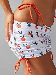 Missguided x Playboy Bunny Peach Print Ruched Beach Skirt Cover Up Mini Wrap Sarong Swim Skirt Side Tie Adjustable Summer Pool Beachwear - Multicolor - View 4