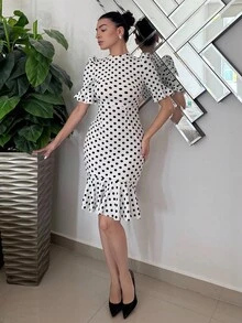 Andrea Bello 波點圖案喇叭袖魚尾裙下擺洋裝 - 白色 - 查看 3