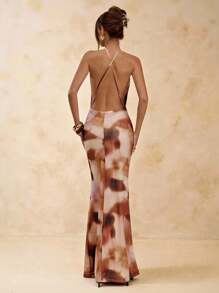 SHEIN BAE 扎染不对称褶皱修身细肩带露背连衣裙，优雅，海滩度假连衣裙，露背长裙，春夏