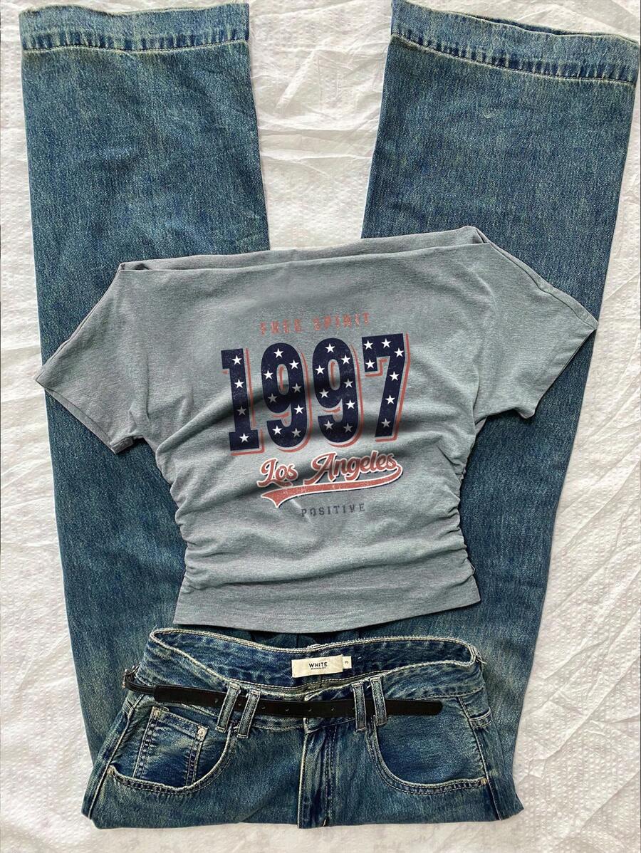 Attitoon 休闲复古风格女式圆领褶皱腰短袖 T 恤，带有复古 1997 星字母印花，适合夏季