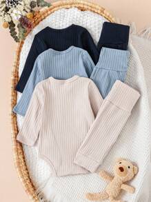 SHEIN 6-Piece Casual Baby Clothing Set, Soft Cotton Blend Bodysuit With Long Sleeve & Pants, Suitable For Newborn Infants, Spring/Summer Fall Winter - Multicolor - View 2