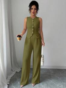 Elenzga 女士优雅纯色纹理两件套，圆领无袖纽扣修身背心和高腰松紧腰宽松直筒裤，通勤风格