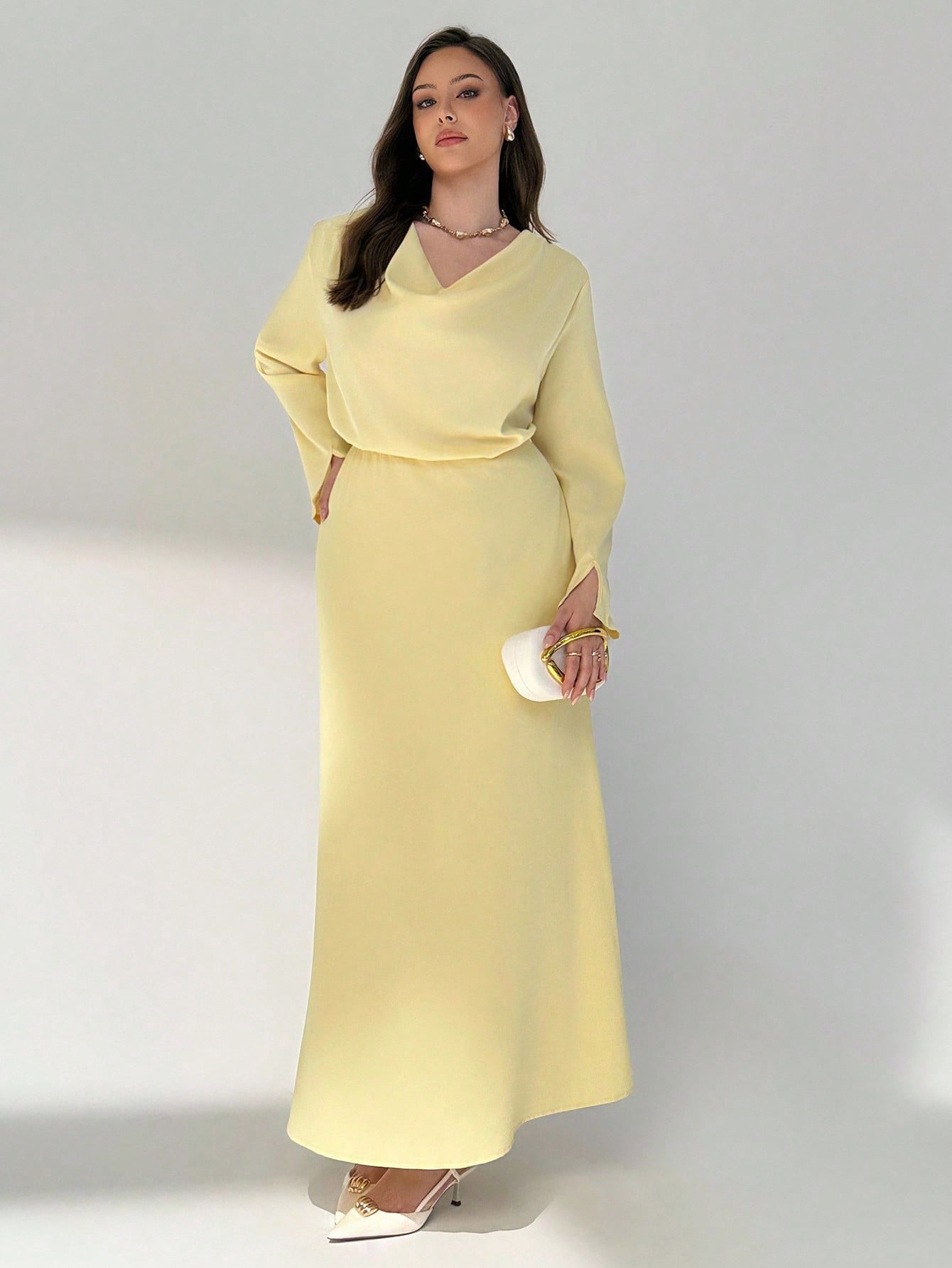 Auralis فستان نسائي أنيق بياقة منخفضة وأكمام طويلة...