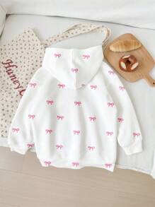 SHEIN EZwear Pull à capuche blanc avec imprimé motif nœud rose minimaliste et décontracté pour femmes - Multicolore - Voir 2