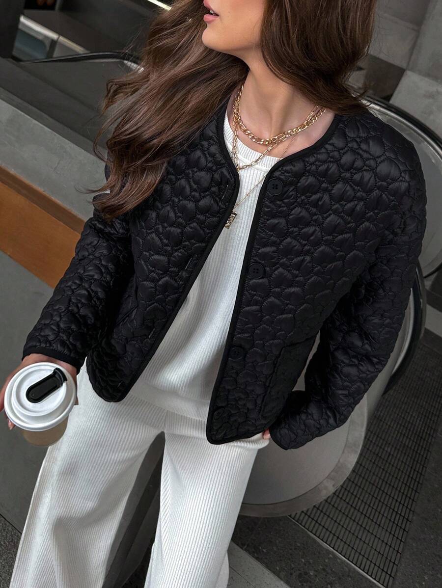 SHEIN Unity 独特的心形绗缝宽松棉服外套,简约设计圆领 - 黑色 - 查看 1