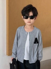 SHEIN Little Byeori Young Boys' Casual Embroidered Patch Knit Cardigan,In Fall/Winter - Grey - View 6