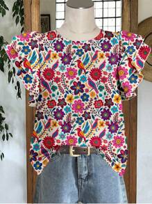 EMERY ROSE Plus Size Women's Daily Casual Elegant Retro Holiday Style Tropical Floral Retro Pattern Round Neck Double Layer Cap Sleeve Loose Shirt, Women's Summer Clothing, Women's Vacation Clothing, Women's Summer Clothing, Women's Going Out Tops,Flower/Spring - Multicolor - View 8