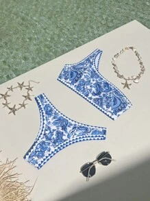 SHEIN Swim 女士一字肩印花時尚泳衣套裝嘉年華
