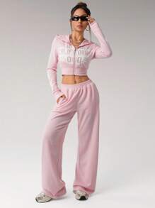 SHEIN ICON Pink Wide-Leg Knitted Sweatpants With Pockets Extra Long For Casual Comfort - Pink - View 7