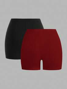 SHEIN EZwear 女士黑色和酒红色休闲针织修身七分打底裤两件套，夏季 - 彩色 - 查看 2