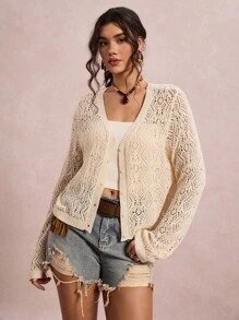 Freevana 大码女式纯色镂空长袖单排扣针织开衫 - 杏色 - 查看 6