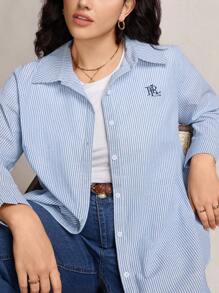 Zelara 大码休闲条纹前扣长袖衬衫 - 藍白色 - 查看 5