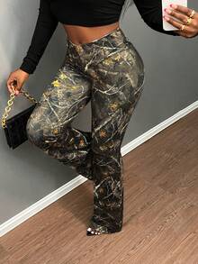 SHEIN CURVE+ Plus Size Minimalist English Print High Waist Waist Cross Design Micro Flared Long Tight Fitting Women's Leggings Suitable For Parties Suitable For Spring And Autumn Seasons - Multicolor - View 6