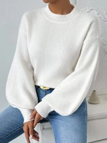 SHEIN PETITE Women's White Round Neck Lantern Sleeve Simple Versatile Everyday Pullover Sweater