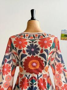 Soleia Plus Size Women's Vacation Knit Mesh Vintage Floral V-Neck Long Flare Sleeve Front Tie Blouse,Fall Clothes For Women - Multicolor - View 7