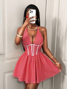 BamGleam 夏季休闲性感格子印花梭织荷叶边下摆女裙 - 紅色 - 查看 7