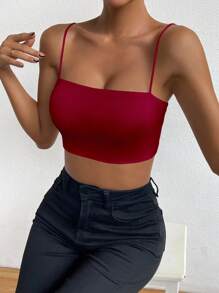 Femesol 女士纯色露背抹胸上衣，休闲舒适 - 酒紅色 - 查看 6