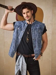 Manfinity Homme 男士街头时尚提花面料毛边领蓝色牛仔背心，emo 风格 - 中等水洗藍 - 查看 4