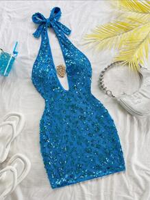 Soleia Aqua Blue Sequin Halter Backless Lace-Up Metallic Decor Mini Dress,Summer 70's Club Night Party Disco Tops For Music Festival,Concert - Blue - View 3
