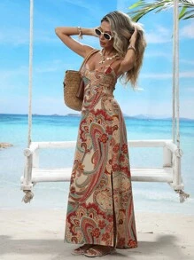Breezaya Paisley Print Strappy Backless Cami Dress Maxi Vacation Beach Outfits Women - Multicolor - View 6