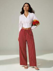 SHEIN PETITE Quần ống rộng cạp cao có dây rút, quần sọc chỉ dành cho mùa xuân hè dễ thương, kỳ nghỉ, sọc thanh lịch, dễ thương - Đỏ - Xem 10