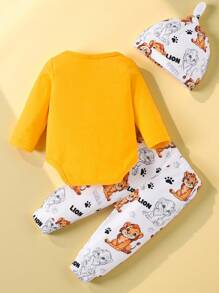 SHEIN Playful Pals 寶寶男孩時尚休閒圓領動物印花長袖連體衣配印花褲和簡單的帽子,適用於春秋季節 - 黃色 - 查看 2