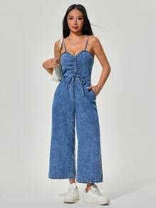 SHEIN EZwear 女式抽绳宽松连体裤搭配阔腿牛仔背带裤 - 深色水洗藍 - 查看 6