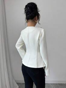 Selianne 粗花呢披肩领收腰优雅通勤夹克，淑女奢华外套 - 杏色 - 查看 4