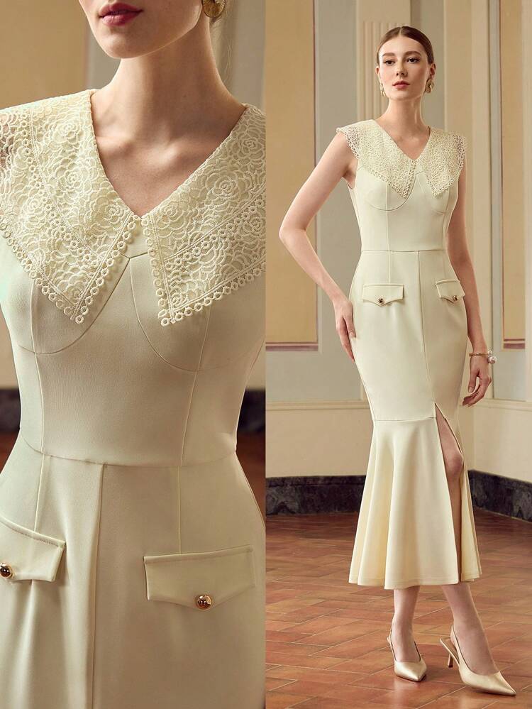 ZEYLAH Ladies' Solid Color Contrast Lace Collared Sleeveless Fishtail Hem Elegant Dress