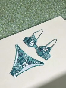 SHEIN Swim Summer Beach Tropical Print Underwire Design Swimwear Set - Green - View 5