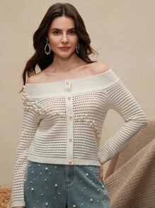 Anewsta Pulover elegant și versatil pentru femei, bej, cu ținte, cu umeri goi, toamnă/iarnă - Bej - Vizualizare 8