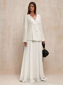 SHEIN BAE Ensemble veste blazer à simple boutonnage et jupe plissée simple pour femmes, pour le travail - Blanc - Voir 3