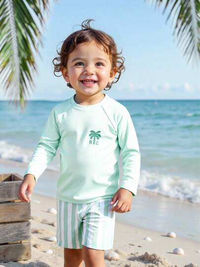 SHEIN 2pcs/Set Young Boys' Fashion Casual Swimwear, Striped Swim Trunks + Solid Color Top, Suitable For Swimming, Surfing, Beach, Vacation