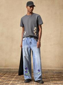 AKNOTIC 男士修身针织 T 恤，刺绣花卉图案，男友/父亲节礼物，百搭休闲短袖，适合秋冬季、返校季 - 灰色 - 查看 2