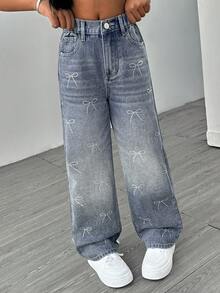 Sparklyn Tween Girls Vintage Distressed Flare Jeans With Butterfly Rhinestone Decor, Casual Washed Denim Pants - Medium Wash - View 5