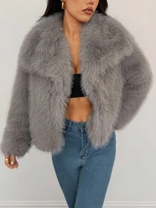 SHEIN PETITE 女款秋冬純色寬鬆大領長袖人造毛皮夾克灰色毛皮外套冬季外套，適合嬌小女性 - 灰色 - 查看 9