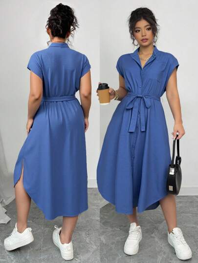 Elenzga Vestido de diseño de moda casual y de club versátil para primavera/verano, talla grande, con cuello de camisa de tela Alice, mangas con hombros, cinturón y lazo, botones de madera