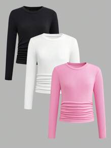 SHEIN 3pcs/Set Tween Girls Minimalist Elegant Casual Ribbed Knit Ruched Waist Round Neck Short Sleeve Fitted T-Shirts, Suitable To Pair With Pants, Leggings, Skirts, Jackets, Dresses, Jumper Dresses Fall Winter - Multicolor - View 3
