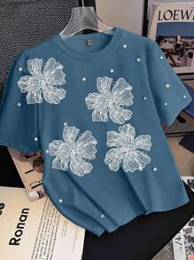 GlowEve 女士夏季针织弹力圆领插肩短袖串珠镂空花卉休闲T恤