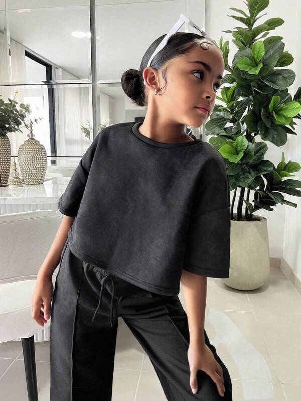 Set de 2 piezas de blusa de manga larga y pantalones para niña preadolescente, conjunto informal a juego para uso diario