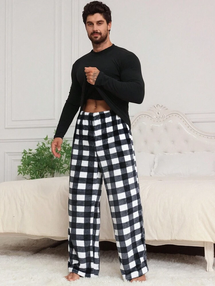 Calça de Flanela Xadrez Masculina para Descanso, Calça de Moletom Fofinha para Outono, Inverno, Confortável