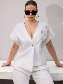 Aveloria Modichic V领纯色前刺绣通勤时尚背心夹克 - 米色 - 查看 3