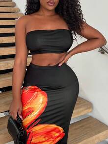 Alexandranx 2 件装 2025 新款夏季海滩度假日常性感短款抹胸 + 花卉印花裙女式套装 - 彩色 - 查看 3