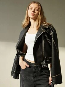 Aveloria Modichic New High-Quality PU Leather Jacket Women, Fashion Cargo Style Style Casual Zipper Lapel Jacket Fall Winter Cloth For Women - Black - View 6