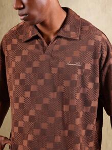 SUMWON Textured Terry Cloth Resort Polo Shirt Retro Checkerboard Pattern Classic Summer Golf Wear Casual Beach Pool Vacation Holiday Leisure Wear - Brown - View 3