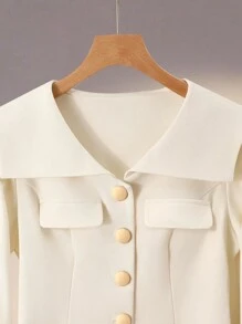 Franclia 女士优雅浪漫通勤披肩领仿口袋装饰门襟金属纽扣A字长袖两件套，秋冬大学校园女装 - 杏色 - 查看 5